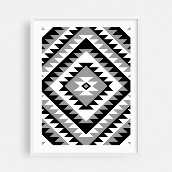 Aztec Motif Diamond Monochrome - Digital Art Geometric Black and White Pattern Abstract Minimalist Modern Art Art Deco White Framed Wall Art Print 8 x 10 inches