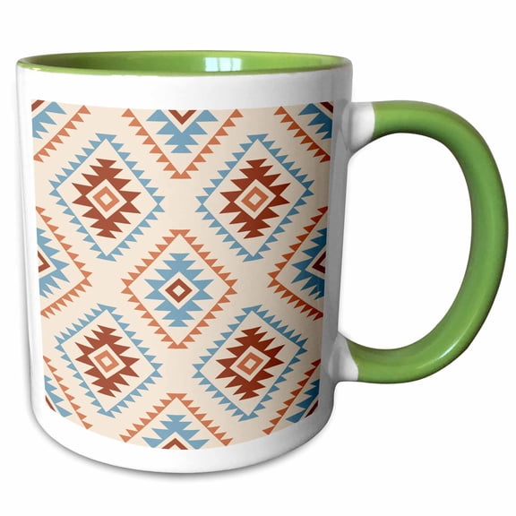 3drose, Aztec Motif Diamond-shape Pattern Blue and Terracotta Colors, 15oz Two-tone Green Mug