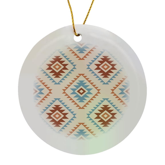 3drose, Aztec Motif Diamond-shape Pattern Blue and Terracotta Colors, Circle Porcelain Ornament