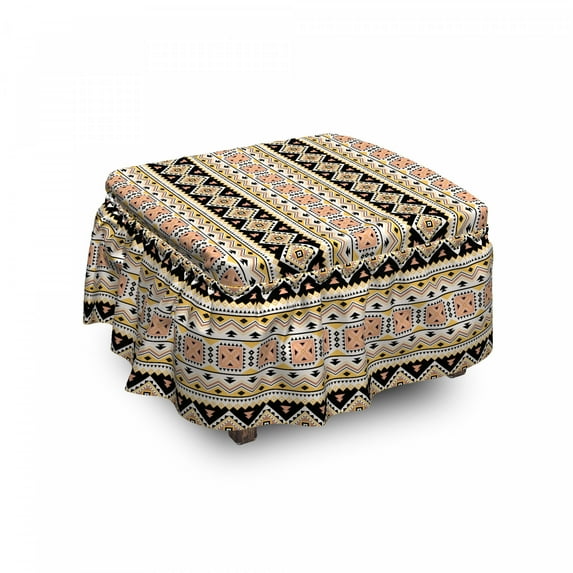 Aztec Ottoman Cover, Triangles Tribal Motifs Art, 2 Piece Slipcover Set with Ruffle Skirt for Square Round Cube Footstool Decorative Home Accent, Standard Size, Multicolor, by Ambesonne