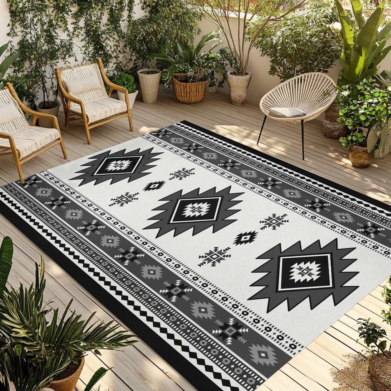 Aztec Outdoor Rug, Gray Southwest Wind Bohemian Country Farmhouse Non ...