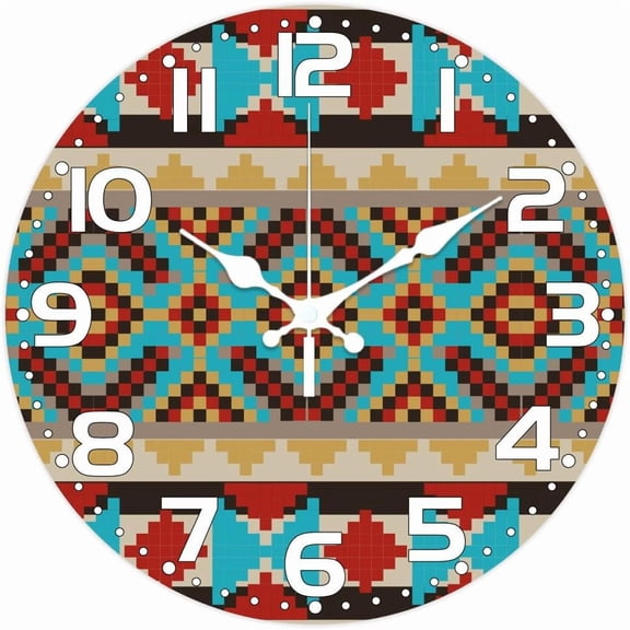 Aztec Pattern Wall Clock 12 Inch Geometric Patterns Non-Ticking Clocks Round Wall Hanging Clock Battery Operated for Bedroom Living Room Kitchen Office