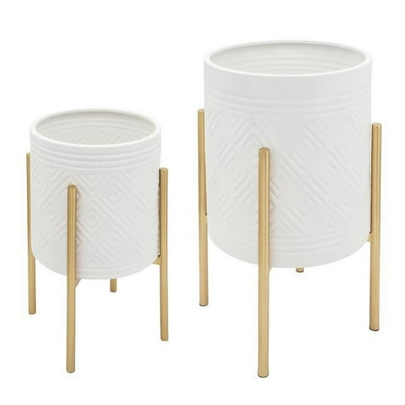 Aztec Planter On Metal Stand, White & Gold - Set of 2