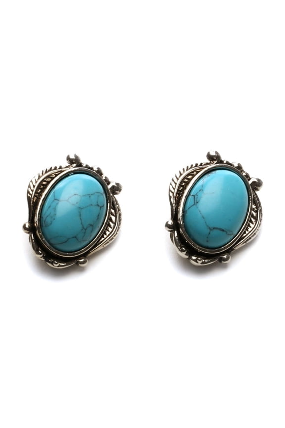 Vintage Style Oval Faux Turquoise Clip On Earrings - Southwestern Boho Statement Jewelry Earring Silver