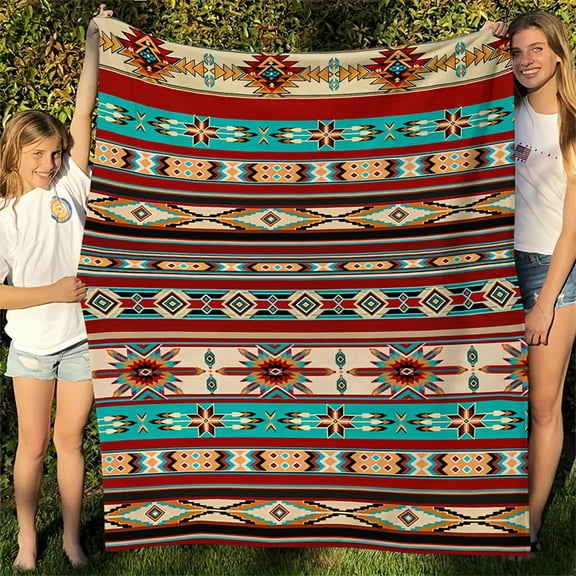 [Aztec Print Blanket] Native Tribal Striped Aztec Print Blanket - Fluffy Flannel Throw - Festive Gift Blanket - Made of Ultra-Fine Fiber - Soft And Lightweight - Suitable for Adults, Boys, And Girls