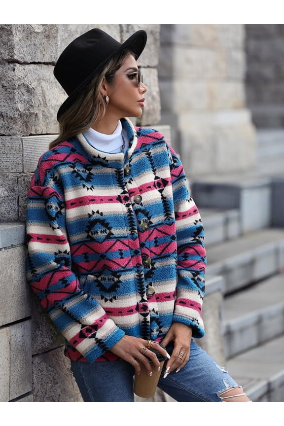 Aztec Print Button Down Shacket (L, MultiBlue)