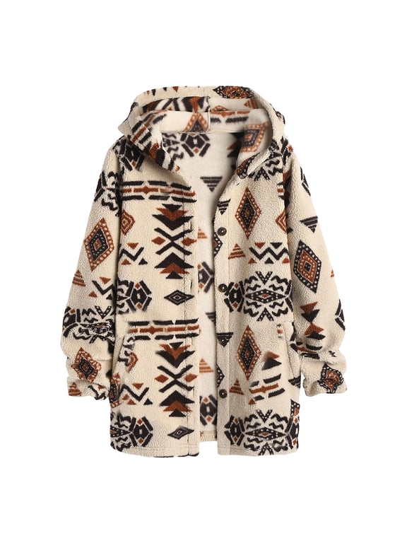 Aztec Print Hoodie Jacket for Women Button Down Cardigan Shacket Casual Coats Long Sleeve Warm Outwear with Pockets