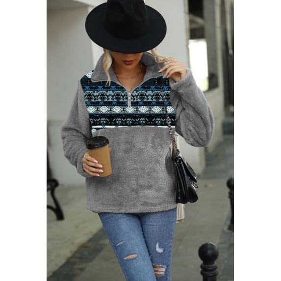 Aztec Print Half-Zip Sweatshirts Pullover (L, Beige)