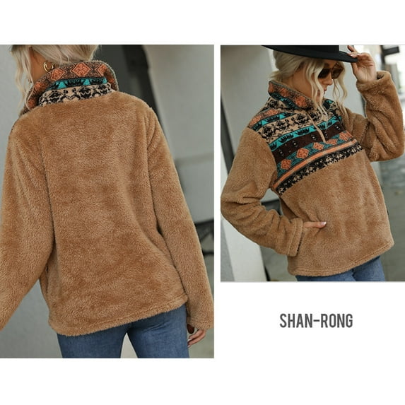 Aztec Print Half-Zip Sweatshirts Pullover (M, Beige)