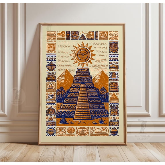 Aztec Pyramid Poster Tribal Geometric Wall Art Paper Print