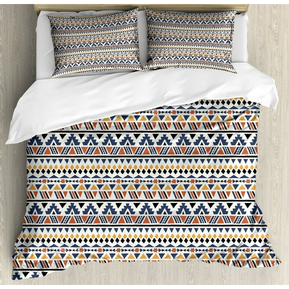 Aztec Queen Size Duvet Cover Set, Colorful Geometric Background with Stripes Zigzags Stars Diamond and Triangles Print, Decorative 3 Piece Bedding Set with 2 Pillow Shams, Multicolor, by Ambesonne