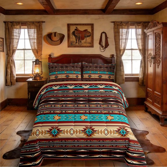 Aztec Quilt Ethnic Tribal Arrow Queen Comforter Set,Vintage Southwestern Native Bohemian Bedding Set,Western Star Duvet Insert Exotic Geometric Diamond Stripes Room Decor,Burnt Sienna Brown