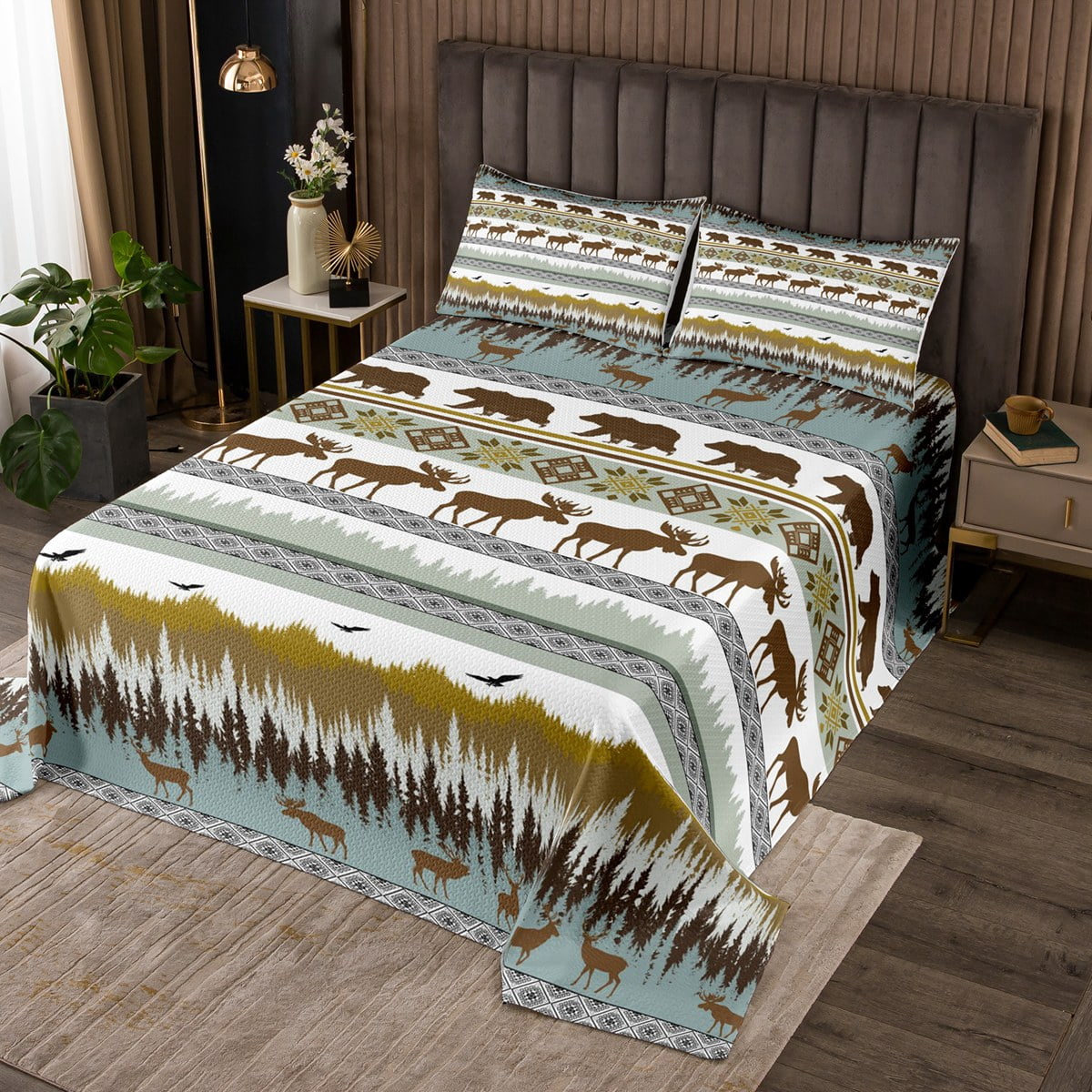 Aztec Quilt Set Queen Woodland Animals Bear Elk Bedspread Set,Southwest ...