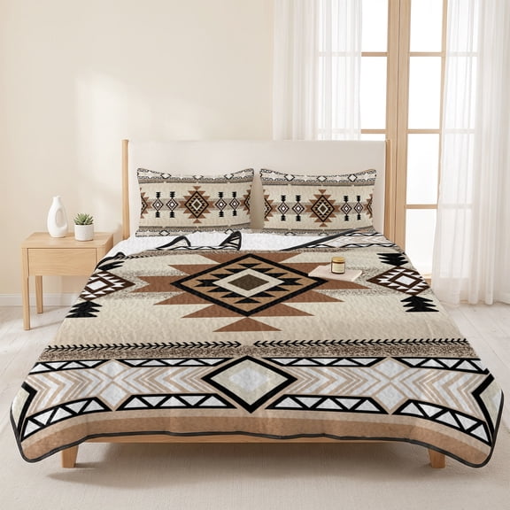 Aztec Retro Brown Ethnic Style 3 Pieces Quilt Set,1 Quilt with 2 Shams,Abstract Geometric Bedspread Soft Lightweight Bedding Coverlet Comforter Set for All Season 96"x106"
