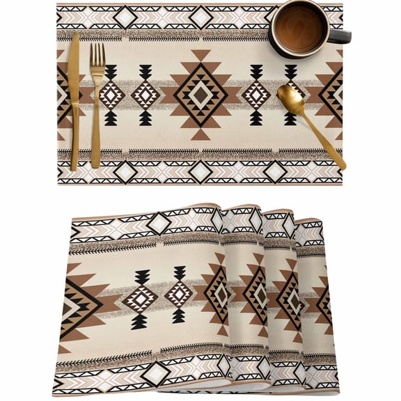 Aztec Retro Brown Ethnic Style Placemats Set of 4,Wipeable Washable Table Mats for Dining Tables,Abstract Geometric Place Mats for Kitchen Event Party Tabletop Decor