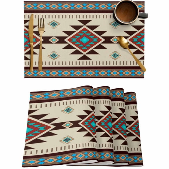 Aztec Retro Brown Ethnic Style Placemats Set of 4,Wipeable Washable Table Mats for Dining Tables,Lattice Abstract Geometric Place Mats for Kitchen Event Party Tabletop Decor