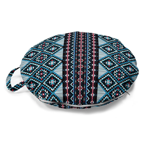 Aztec Round Floor Cushion with Handle, Triangles Colorful Geometric Triangles, Decorative Pillow for Living Room & Dorms, 18" Round, Sea Blue Multicolor, by Ambesonne