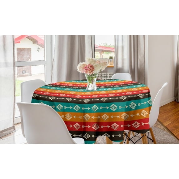 Aztec Round Tablecloth, Ethnic Ornamental Colorful Direction Pointers Pattern Horizontal Composition, Circle Table Cloth Cover for Dining Room Kitchen Decor, 60", Multicolor, by Ambesonne