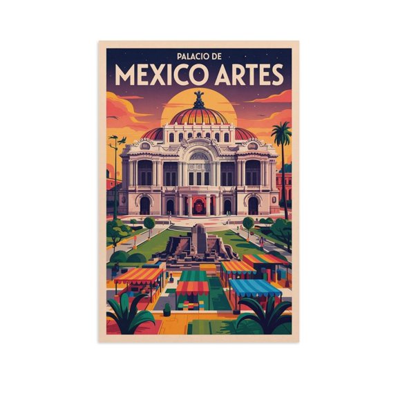 Aztec Ruins Classic Poster Retro Mexico Cityscape with Culture & Colonial Architecture Print Poster