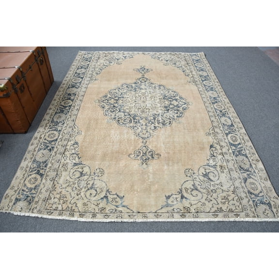 Aztec Salon Rug, Vintage Rug, Beige Wool Rug, Oushak Rugs, Turkish Rug, Rugs For Living Room, 6.4x8.6 ft Large Rugs, Ethnic Dining Room Rug