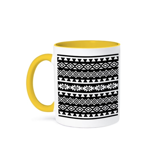 3drose, Aztec Shapes Pattern in White on Black., 11oz Two-tone Yellow Mug