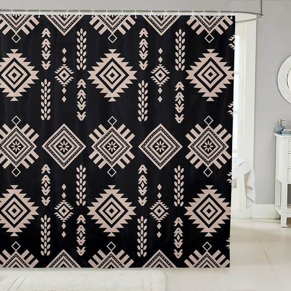 Aztec Shower Curtain 72"Wx78"L Geometric Shower Curtain Sets Southwest Shower Curtain American Tribal Bath Curtain Ancient Boho Black Gold