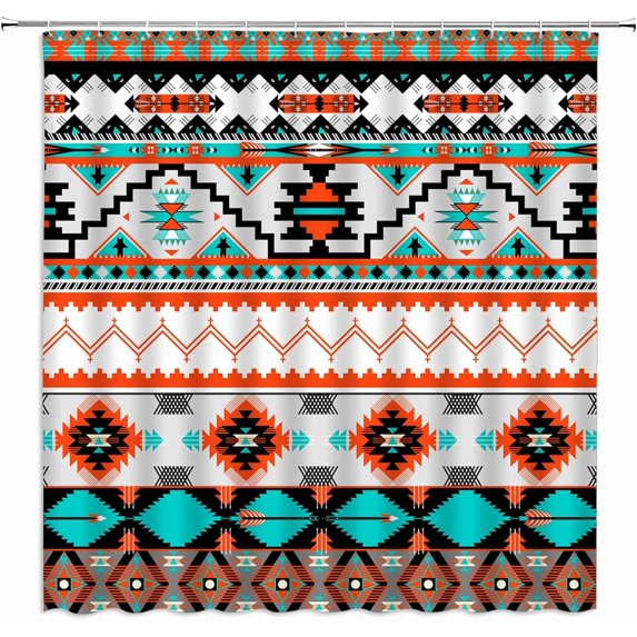 Aztec Shower Curtain Abstract Geometric Tribal Navajo Ethnic American Southwestern Native Vintage Colorful Pixel Pattern Fabric Bathroom Decor Set with Hooks,Orange Cyan Black(70" WX70 H)