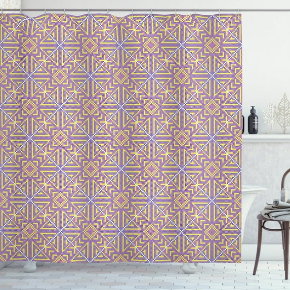 Aztec Shower Curtain, Classic Colorful Cross Stitch Style Background with Russian Influences Asian Pattern, Fabric Bathroom Set with Hooks, 69W X 84L Inches Extra Long, Multicolor, by Ambesonne