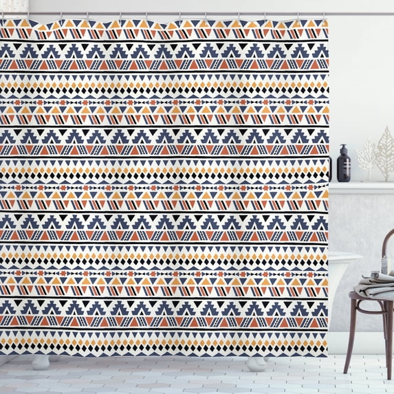 Aztec Shower Curtain, Colorful Geometric Background with Stripes Zigzags Stars Diamond and Triangles Print, Fabric Bathroom Set with Hooks, 69W X 84L Inches Extra Long, Multicolor, by Ambesonne