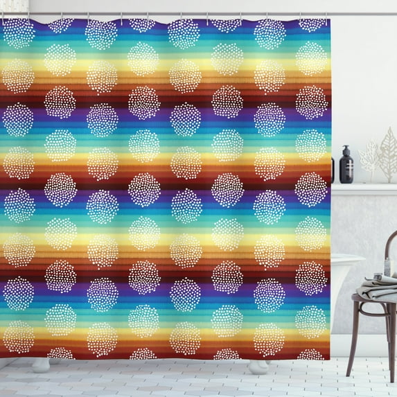 Aztec Shower Curtain, Hippie Boho Horizontal Stripes Background in Various Tones and White Dotwork Circles, Fabric Bathroom Set with Hooks, 69W X 70L Inches, Multicolor, by Ambesonne