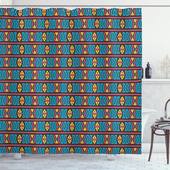 Aztec Shower Curtain, Tribal Motif Pattern with Indigenous Primitive Shapes Stripes and Triangles Print, Fabric Bathroom Set with Hooks, 69W X 70L Inches, Multicolor, by Ambesonne