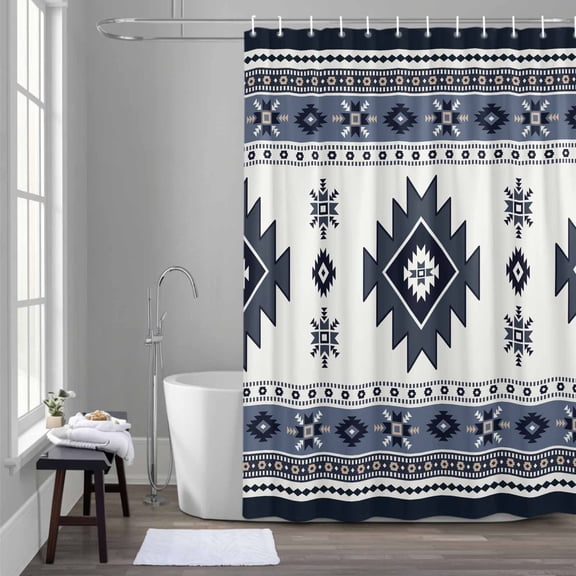 Aztec Shower Curtain for Bathroom Decor, Dark Blue Southwest Wind Bohemian Ethnic Wind Waterproof Fabric Shower Curtain, 36"x72" Set with 12 Hooks