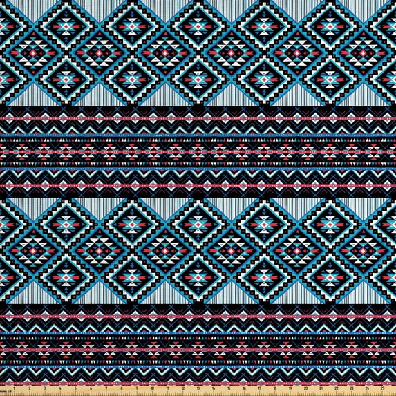Ambesonne Aztec Fabric by the Yard Upholstery, Geometric Triangles Ornate, 2 Yards, Sea Blue Multicolor