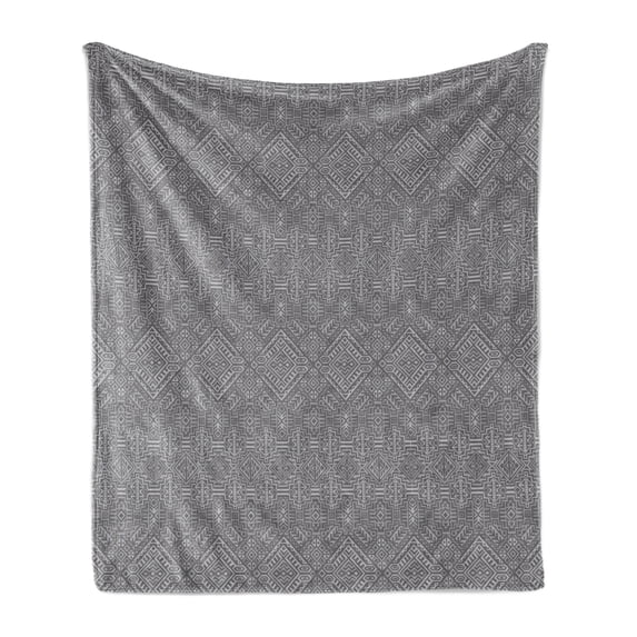 Aztec Soft Flannel Fleece Blanket, Pattern of Symmetric Tribal Inspired Streaks and Motifs in Greyscale Tones, Cozy Plush for Indoor and Outdoor Use, 50" x 70", Pale Grey and Dimgray, by Ambesonne