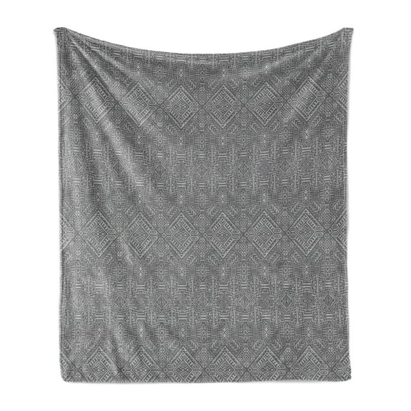 Aztec Soft Flannel Fleece Blanket, Pattern of Symmetric Tribal Inspired Streaks and Motifs in Greyscale Tones, Cozy Plush for Indoor and Outdoor Use, 70" x 90", Pale Grey and Dimgray, by Ambesonne