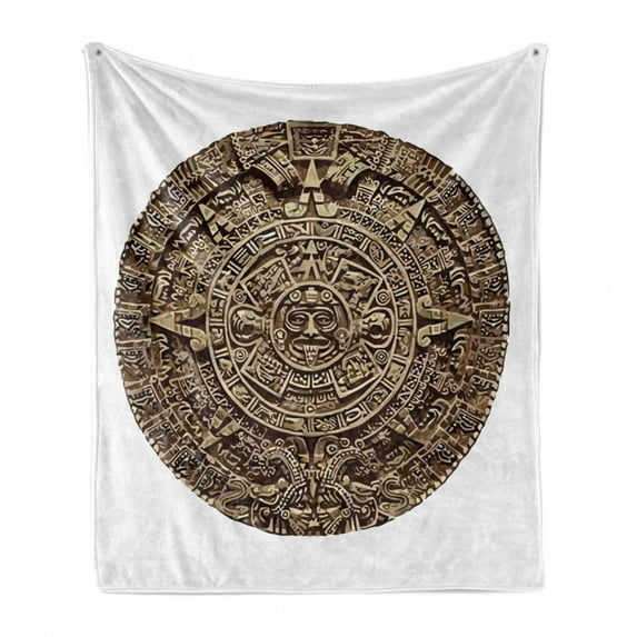 Aztec Soft Flannel Fleece Blanket, Tribal Themed Medallion of Mexican Civilization Tribal Astronomy Pattern, Cozy Plush for Indoor and Outdoor Use, 60" x 80", Dark Brown and Dark Tan, by Ambesonne