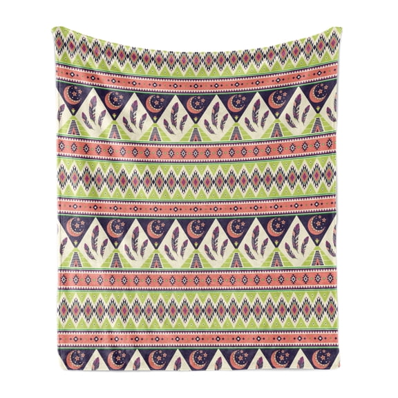 Aztec Soft Flannel Fleece Throw Blanket, Bohemian Composition of Crescent Stars and Feathers, Cozy Plush for Indoor and Outdoor Use, 70" x 90", Multicolor, by Ambesonne