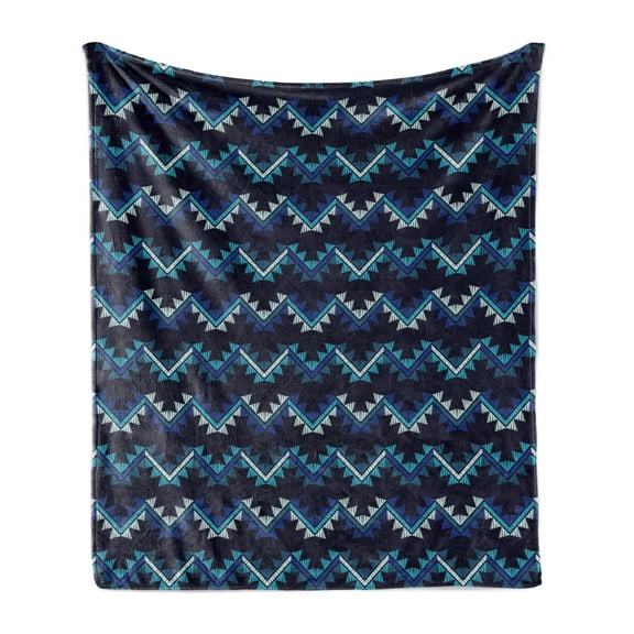 Aztec Soft Flannel Fleece Throw Blanket, Cultural Zigzags Oriental Vibes, Cozy Plush for Indoor and Outdoor Use, 50" x 60", Blue Dark Night Blue, by Ambesonne