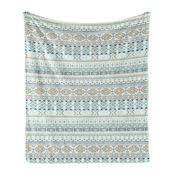 Aztec Soft Flannel Fleece Throw Blanket, Geometric Print of Civilization Ornaments in Pastel Nature Tones, Cozy Plush for Indoor and Outdoor Use, 60" x 80", Tan Slate Blue, by Ambesonne
