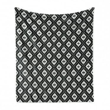 Aztec Soft Flannel Fleece Throw Blanket, Native Ornamental with Classic Victorian Damask Baroque Effects Pattern, Cozy Plush for Indoor and Outdoor Use, 50" x 60", Black and White, by Ambesonne
