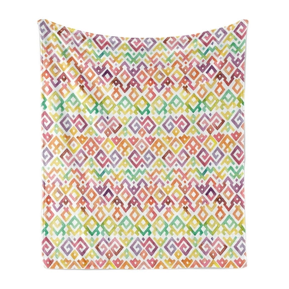 Aztec Soft Flannel Fleece Throw Blanket, Pastel Watercolor Style Boho Forms Prehistoric Hippie Hand Drawn Art, Cozy Plush for Indoor and Outdoor Use, 50" x 60", Multicolor, by Ambesonne