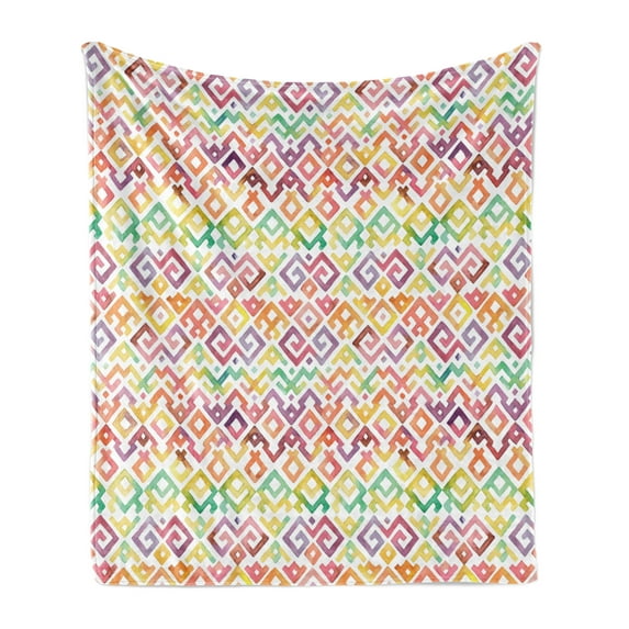 Aztec Soft Flannel Fleece Throw Blanket, Pastel Watercolor Style Boho Forms Prehistoric Hippie Hand Drawn Art, Cozy Plush for Indoor and Outdoor Use, 50" x 70", Multicolor, by Ambesonne