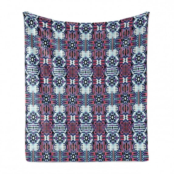 Aztec Soft Flannel Fleece Throw Blanket, Rhythmic Abstract Modernized Prehistoric Tribal Print, Cozy Plush for Indoor and Outdoor Use, 50" x 60", Coral Purple, by Ambesonne