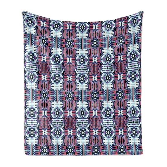 Aztec Soft Flannel Fleece Throw Blanket, Rhythmic Abstract Modernized Prehistoric Tribal Print, Cozy Plush for Indoor and Outdoor Use, 60" x 80", Coral Purple, by Ambesonne
