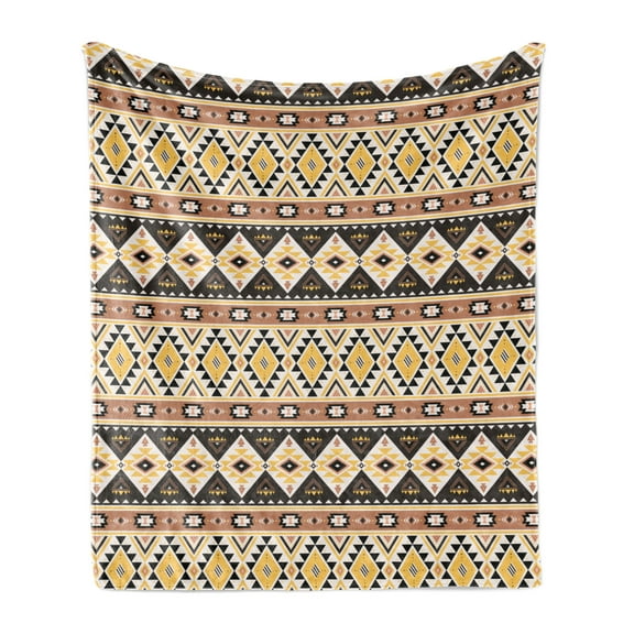 Aztec Soft Flannel Fleece Throw Blanket, Rhythmic Geometric Lines and Triangles in Mexican Style Illustration, Cozy Plush for Indoor and Outdoor Use, 50" x 60", Mustard Cocoa, by Ambesonne
