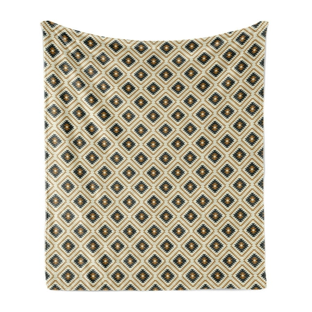 Aztec Soft Flannel Fleece Throw Blanket, Traditional Inspired Native Geometric Boho Mexican Pattern, Cozy Plush for Indoor and Outdoor Use, 50" x 60", Black Amber Beige, by Ambesonne