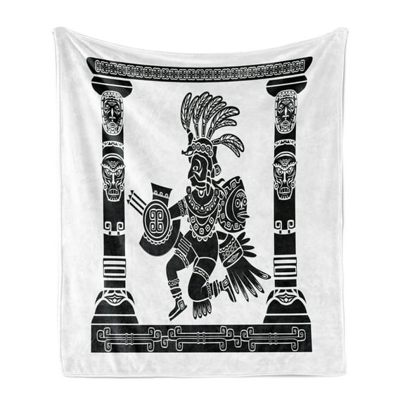 Aztec Soft Flannel Fleece Throw Blanket, Tribal Composition Mayan Folklore Wisdom Illustration Monochrome, Cozy Plush for Indoor and Outdoor Use, 70" x 90", White and Black, by Ambesonne