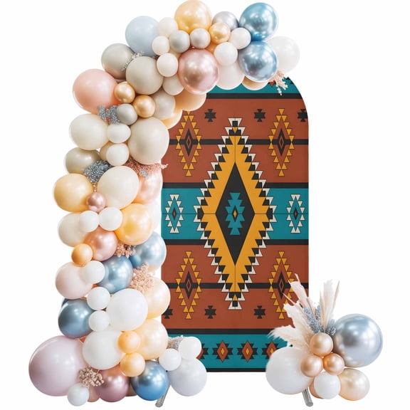 Aztec Southwest Arch Backdrop Cover, Spandex Fitted Wedding Arch Cover, Boho Tribe Brown Geometric Round Top Stand Covers for Birthday Ceremony Bridal Shower Party Decor 5x2.1 Ft