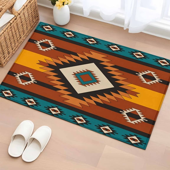 Aztec Southwest Bathroom Rug Washable 2x3 Entryway Rug Non Slip Orange Red Geometric Tribe Vintage Front Door Mat Low Pile Indoor Doormat Throw Floor Carpet for Kitchen Bedroom Entrance