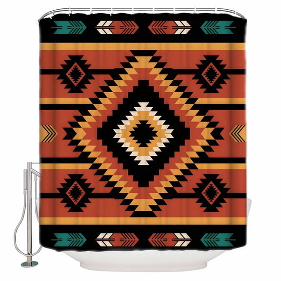 Aztec Southwest Bathroom Shower Curtains with 12 Hooks Polyester Waterproof Shower Curtain for Stalls and Bathtubs Orange Black Boho Tribes Abstract Decorative Bathroom Privacy Curtain 54x78 Inches